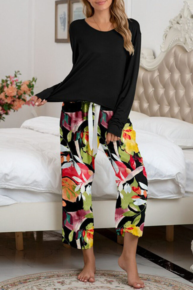 Fashion Living Print Split Joint O Neck Long Sleeve Two Pieces