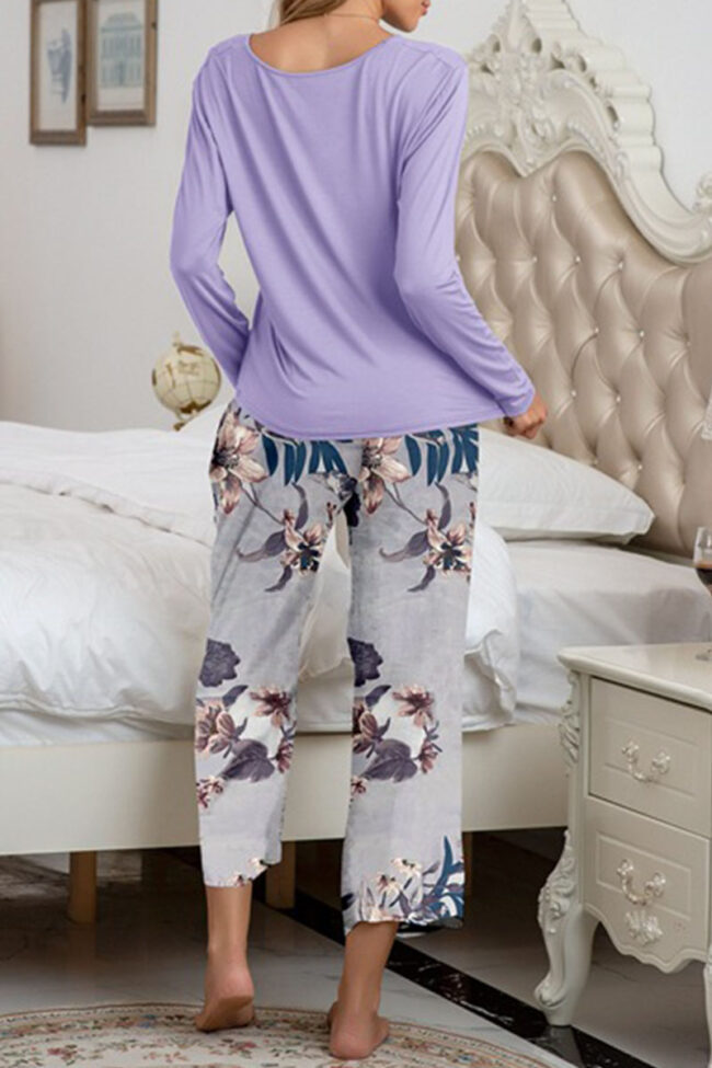 Fashion Living Print Split Joint O Neck Long Sleeve Two Pieces