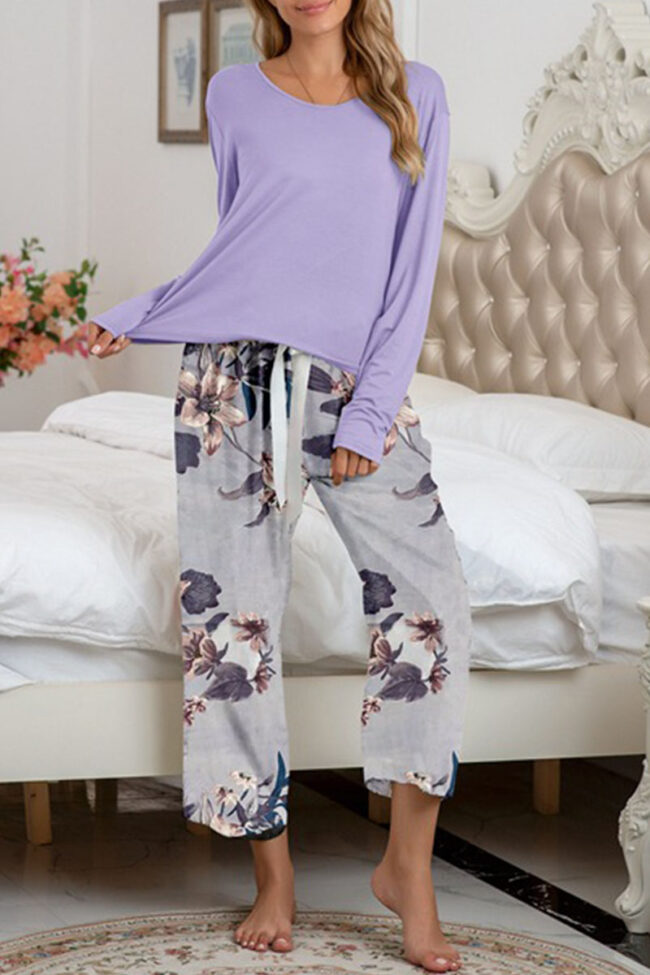 Fashion Living Print Split Joint O Neck Long Sleeve Two Pieces