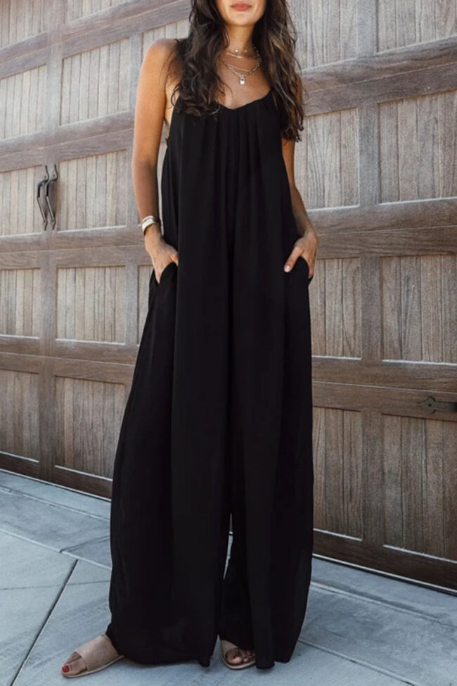 Fashion Living Solid Split Joint Spaghetti Strap Loose Jumpsuits
