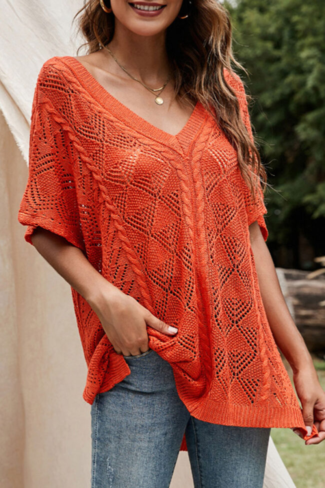 Fashion Casual Solid Hollowed Out V Neck Tops