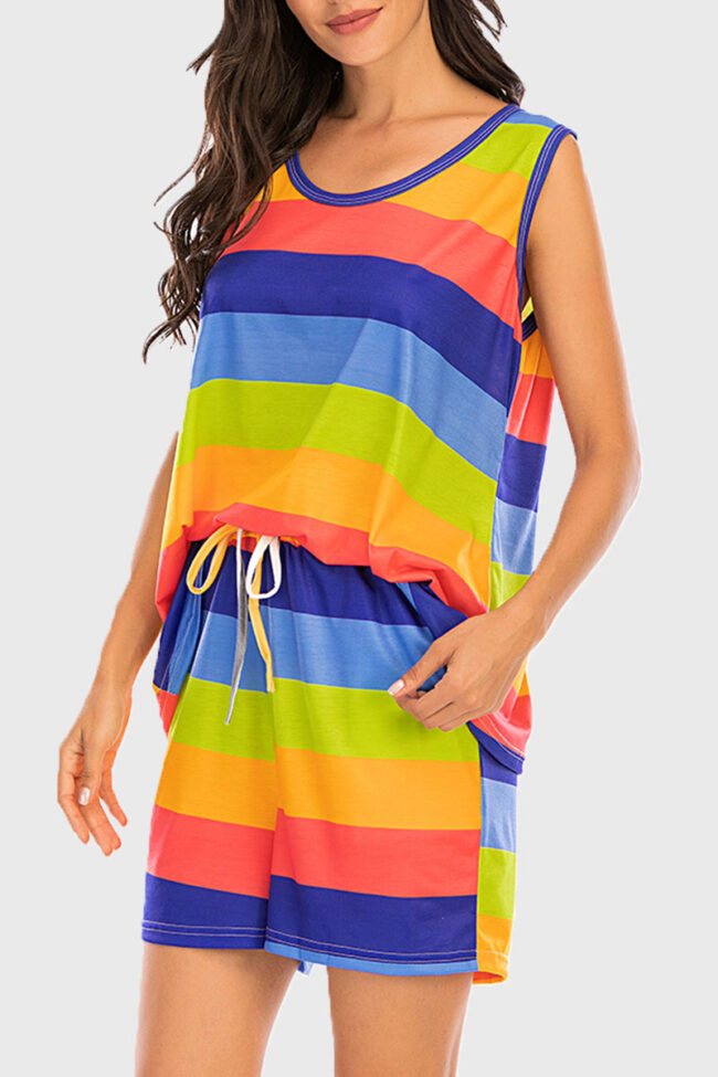 Fashion Living Striped Split Joint V Neck Sleeveless Two Pieces