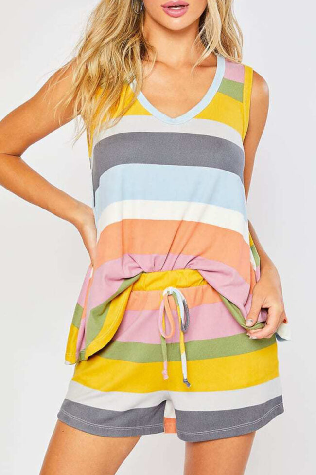 Fashion Living Striped Split Joint V Neck Sleeveless Two Pieces