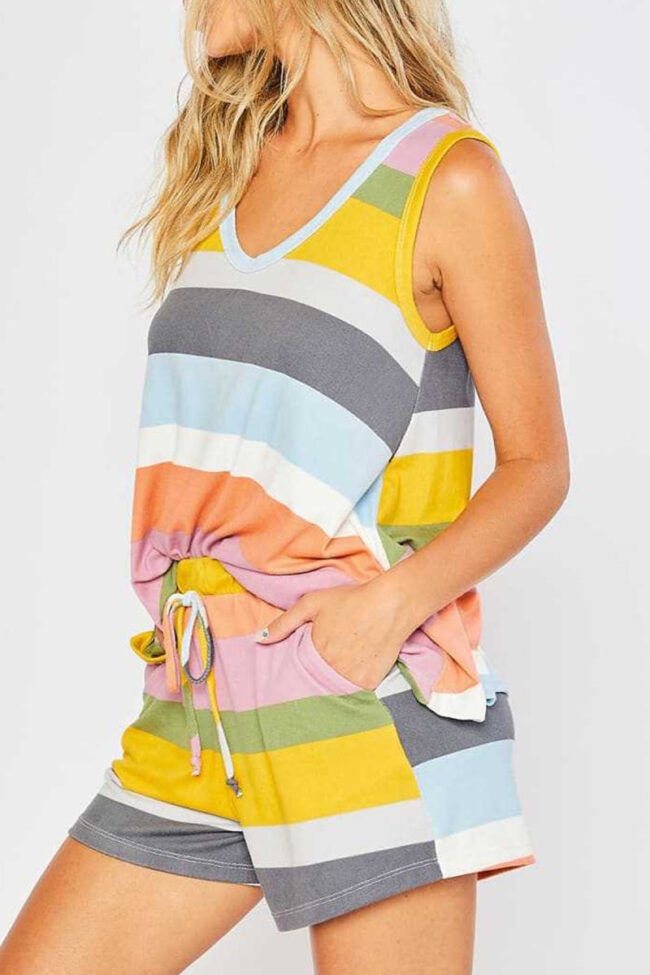 Fashion Living Striped Split Joint V Neck Sleeveless Two Pieces