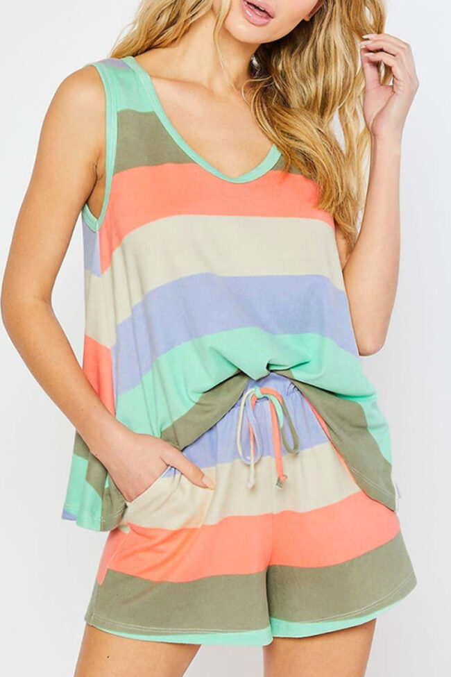 Fashion Living Striped Split Joint V Neck Sleeveless Two Pieces