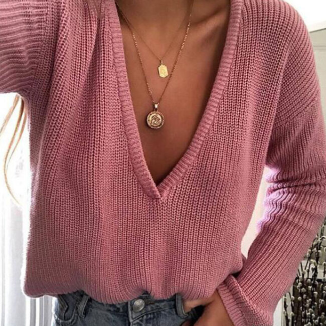 Fashion Casual Solid Split Joint V Neck Tops