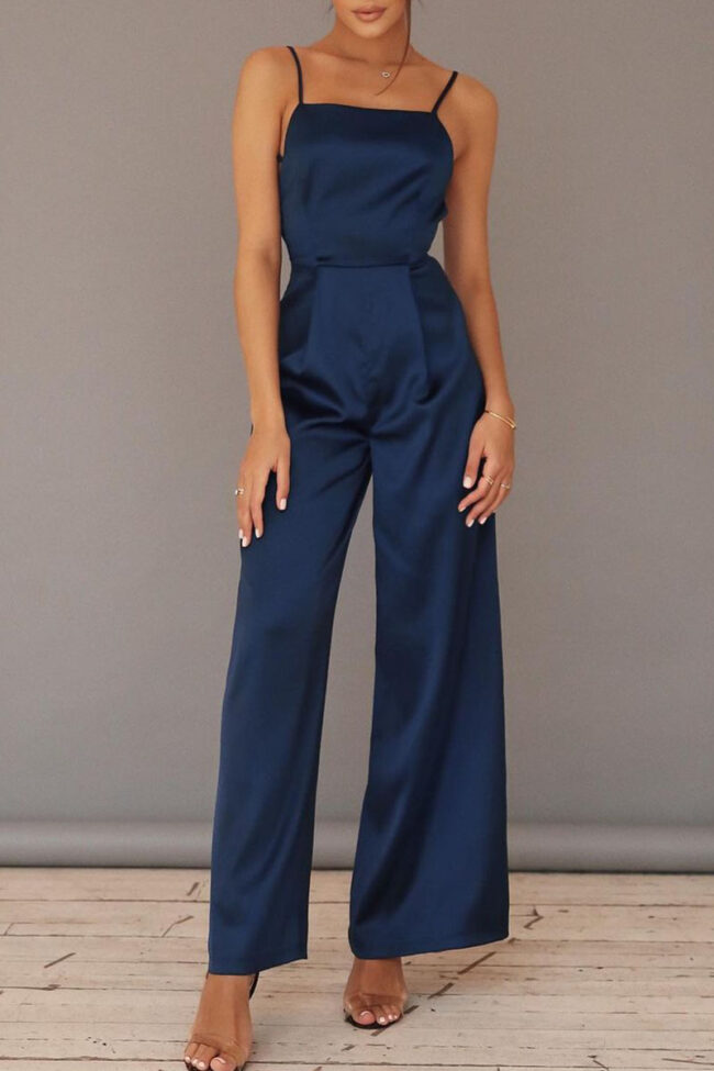 Fashion Casual Solid Split Joint Spaghetti Strap Loose Jumpsuits