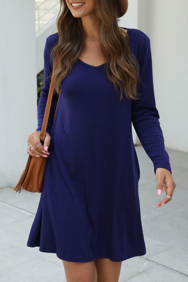 Fashion Casual Solid Pocket V Neck A Line Dresses