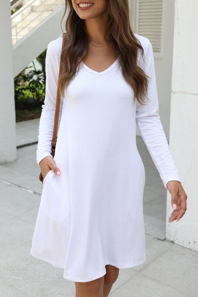 Fashion Casual Solid Pocket V Neck A Line Dresses