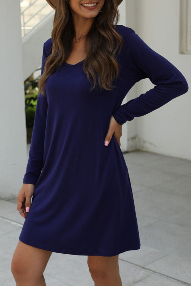 Fashion Casual Solid Pocket V Neck A Line Dresses