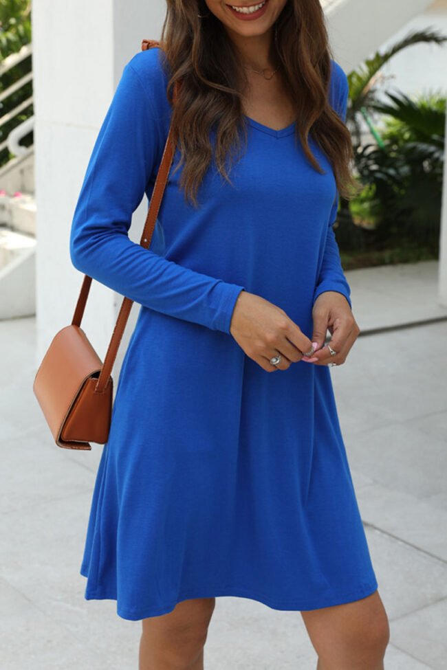 Fashion Casual Solid Pocket V Neck A Line Dresses