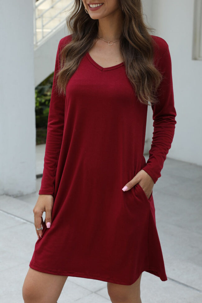 Fashion Casual Solid Pocket V Neck A Line Dresses