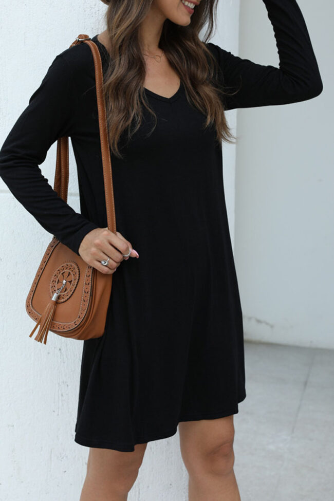 Fashion Casual Solid Pocket V Neck A Line Dresses