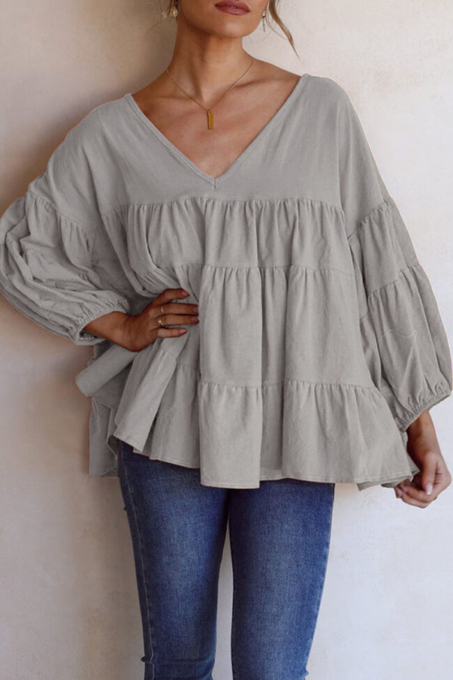 Fashion Casual Solid Split Joint V Neck Tops