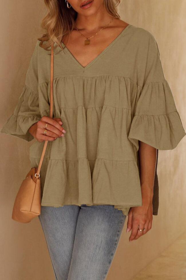 Fashion Casual Solid Split Joint V Neck Tops