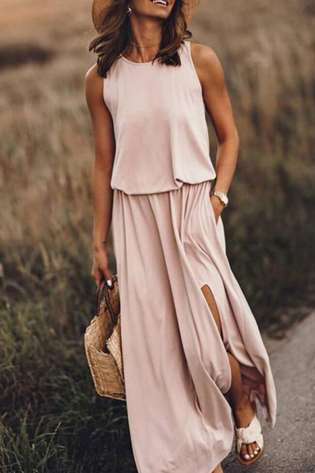 Fashion Casual Solid Slit O Neck Waist Skirt Dresses