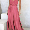 Fashion Casual Solid Slit V Neck Loose Jumpsuits