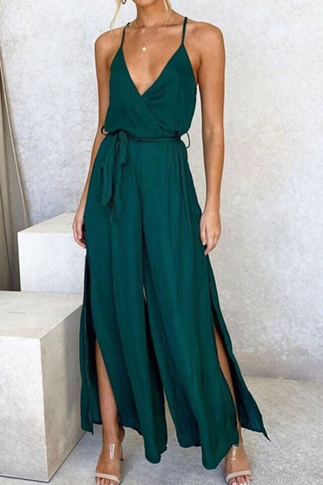 Fashion Casual Solid Slit V Neck Loose Jumpsuits