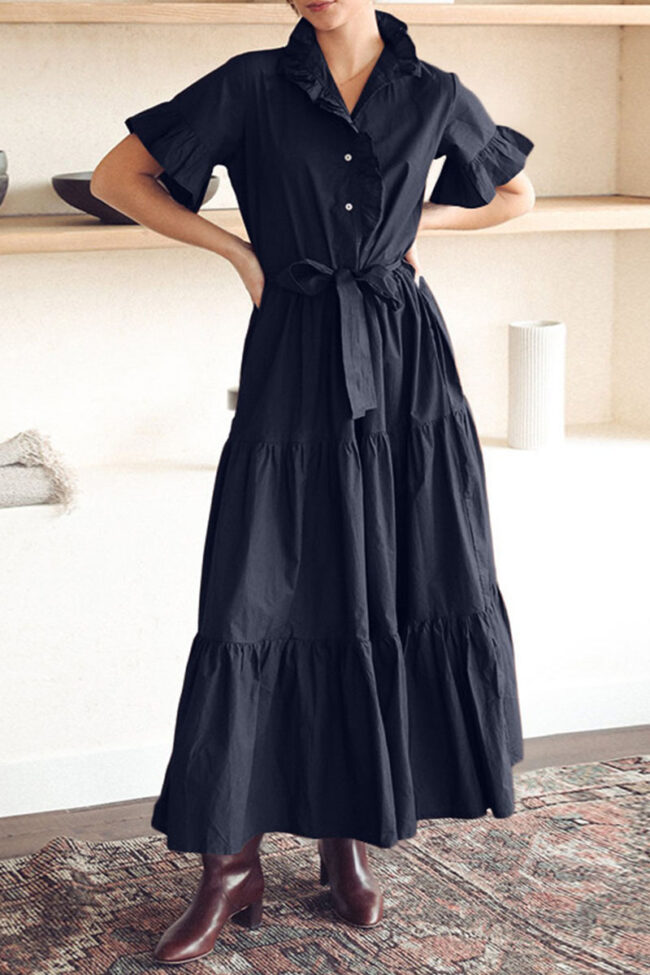 Fashion Casual Solid Split Joint Mandarin Collar A Line Dresses