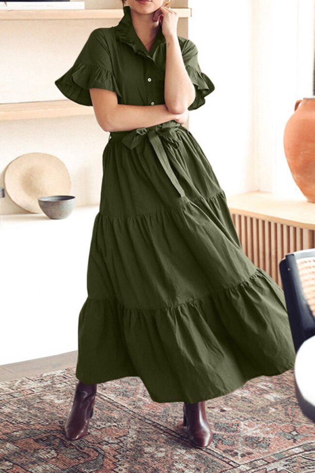 Fashion Casual Solid Split Joint Mandarin Collar A Line Dresses