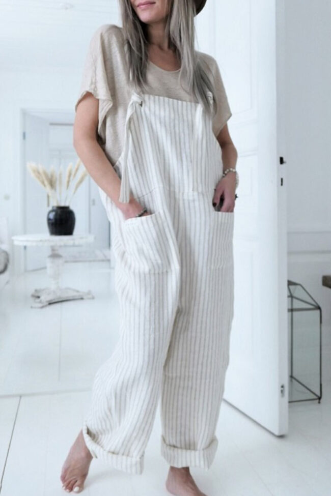 Fashion Casual Striped Pocket Spaghetti Strap Loose Jumpsuits