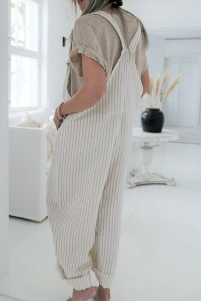 Fashion Casual Striped Pocket Spaghetti Strap Loose Jumpsuits