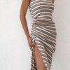 Fashion Casual Striped Slit O Neck Pencil Skirt Dresses