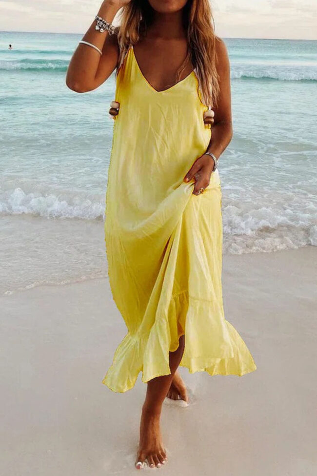 Fashion Simplicity Solid Split Joint V Neck Beach Dresses