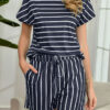 Casual Striped Split Joint O Neck Short Sleeve Two Pieces