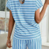 Casual Striped Split Joint O Neck Short Sleeve Two Pieces