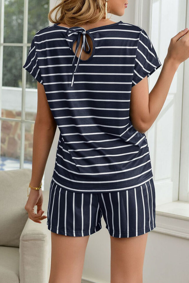 Casual Striped Split Joint O Neck Short Sleeve Two Pieces