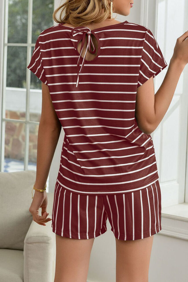 Casual Striped Split Joint O Neck Short Sleeve Two Pieces