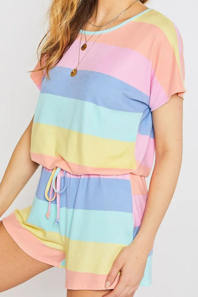 Casual Striped Split Joint O Neck Short Sleeve Two Pieces