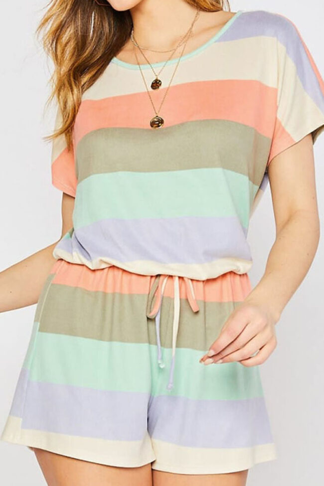 Casual Striped Split Joint O Neck Short Sleeve Two Pieces