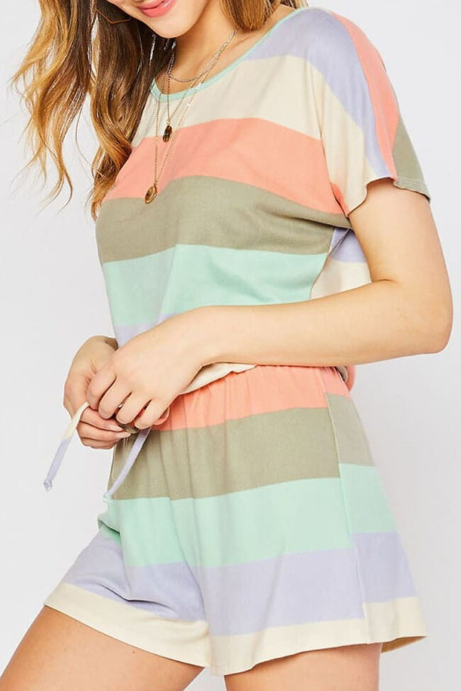 Casual Striped Split Joint O Neck Short Sleeve Two Pieces