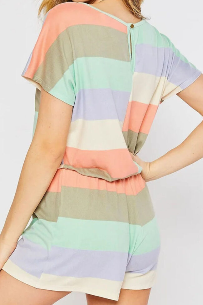 Casual Striped Split Joint O Neck Short Sleeve Two Pieces