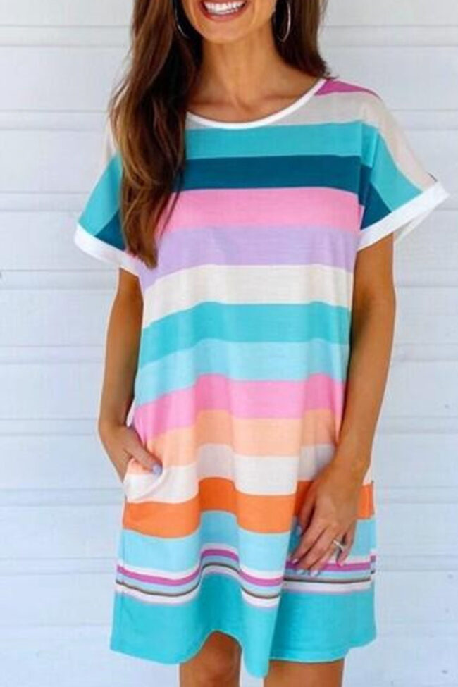 Fashion Casual Striped Split Joint O Neck Straight Dresses