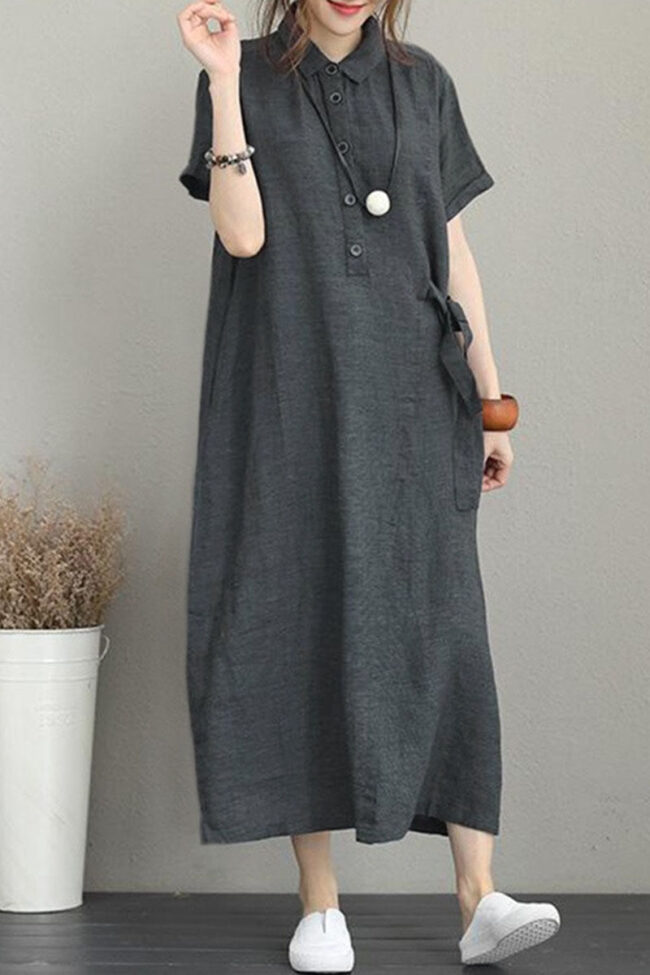 Fashion Casual Solid Split Joint Turndown Collar A Line Dresses