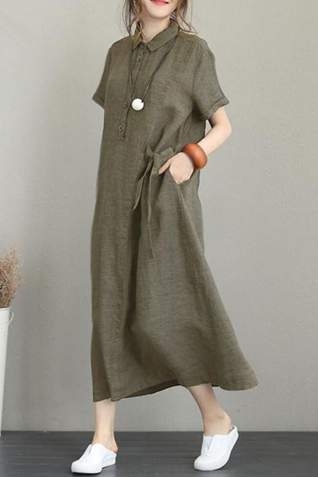 Fashion Casual Solid Split Joint Turndown Collar A Line Dresses