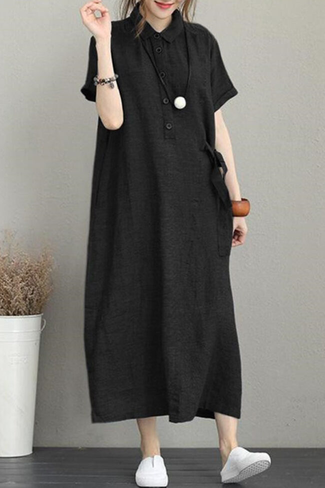 Fashion Casual Solid Split Joint Turndown Collar A Line Dresses