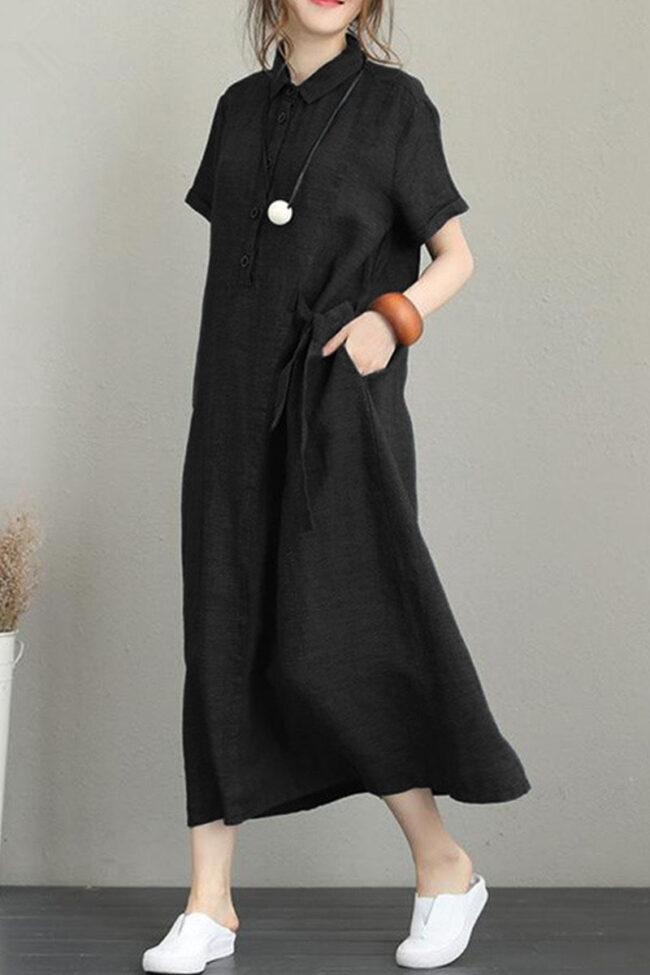 Fashion Casual Solid Split Joint Turndown Collar A Line Dresses