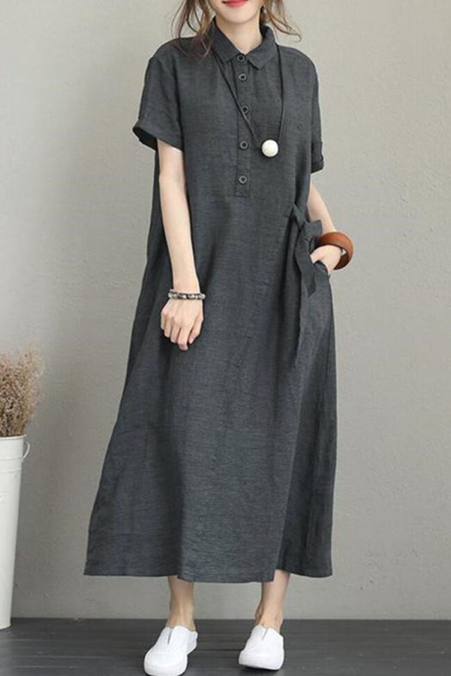 Fashion Casual Solid Split Joint Turndown Collar A Line Dresses