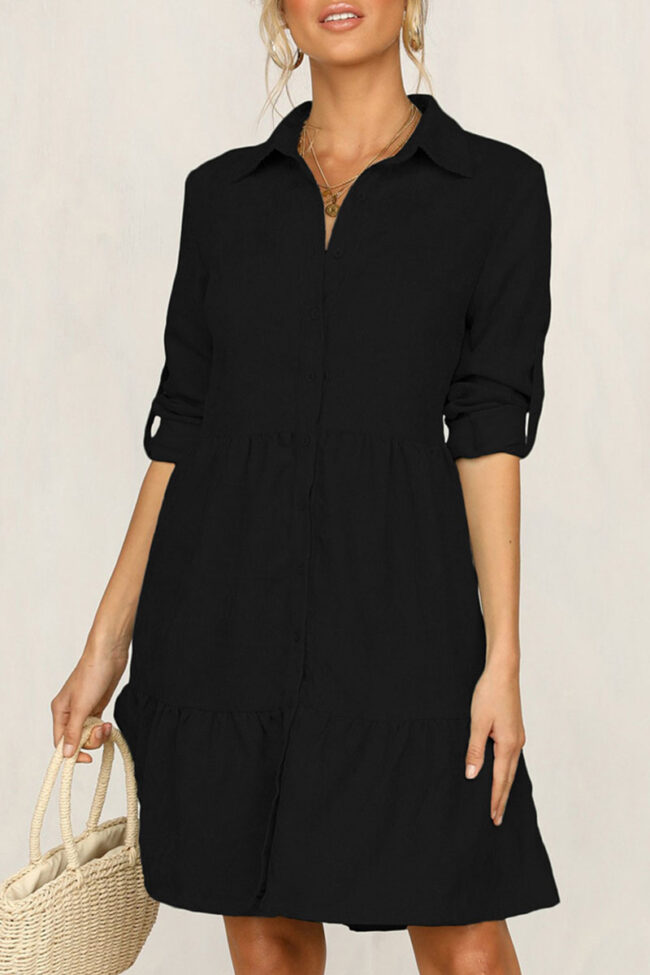 Fashion Casual Solid Split Joint Turndown Collar A Line Dresses