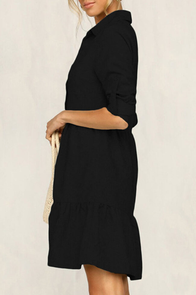 Fashion Casual Solid Split Joint Turndown Collar A Line Dresses