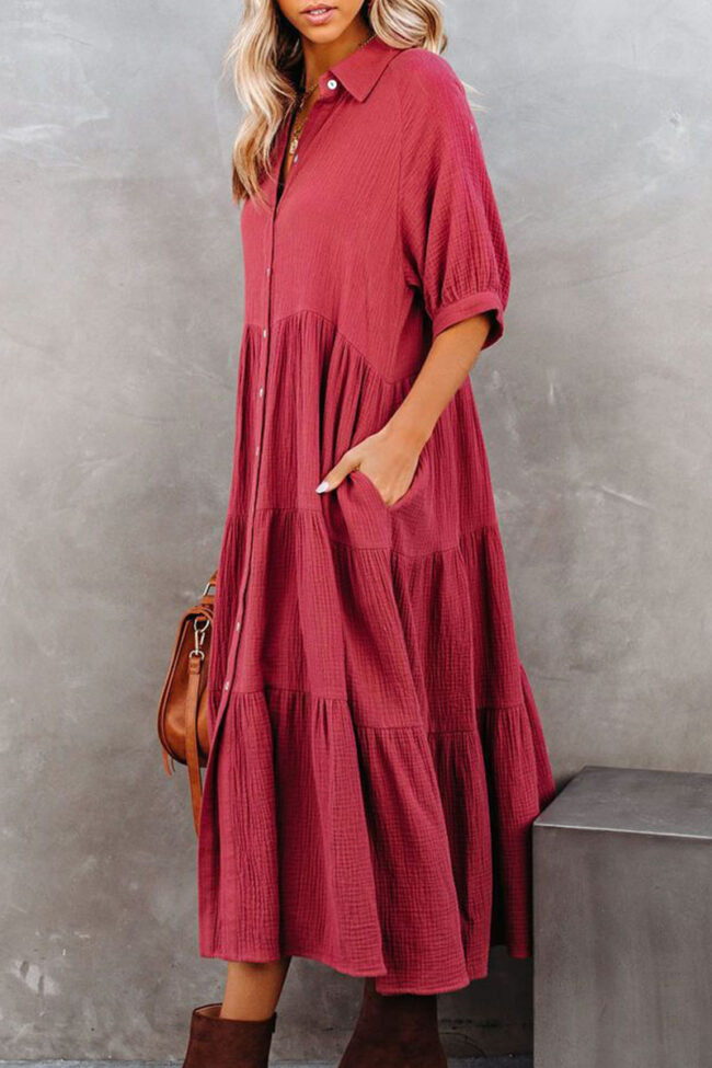 Fashion Casual Solid Split Joint Turndown Collar A Line Dresses