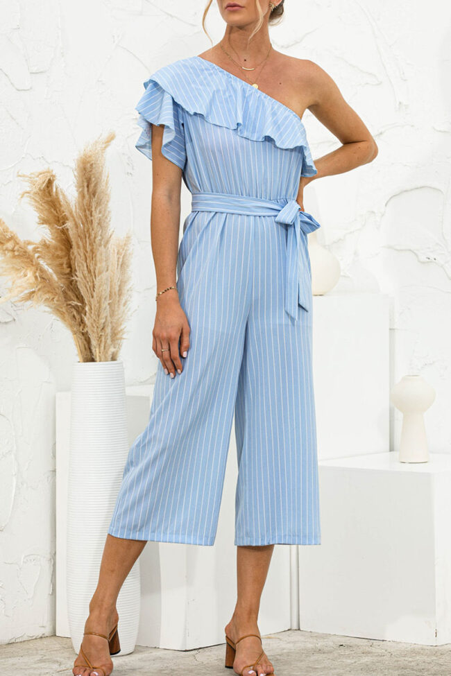 Fashion Casual Striped Split Joint One Shoulder Loose Jumpsuits