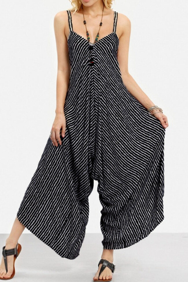 Casual Striped Split Joint Spaghetti Strap Loose Jumpsuits