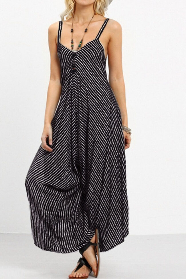 Casual Striped Split Joint Spaghetti Strap Loose Jumpsuits