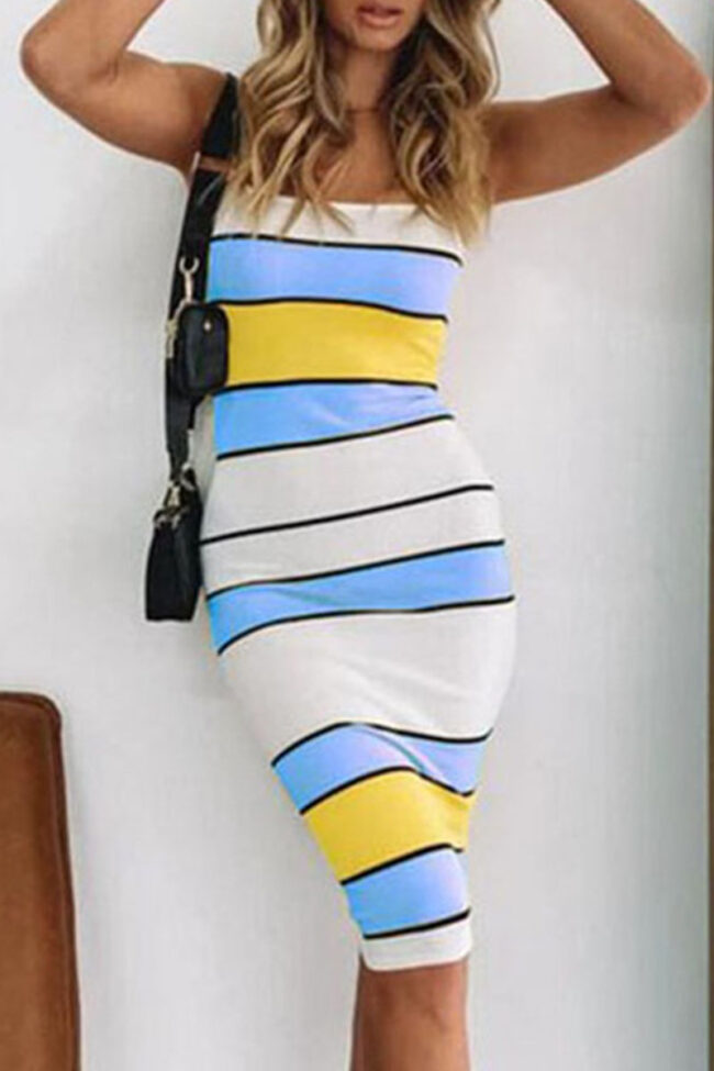 Casual Striped Split Joint Spaghetti Strap Pencil Skirt Dresses