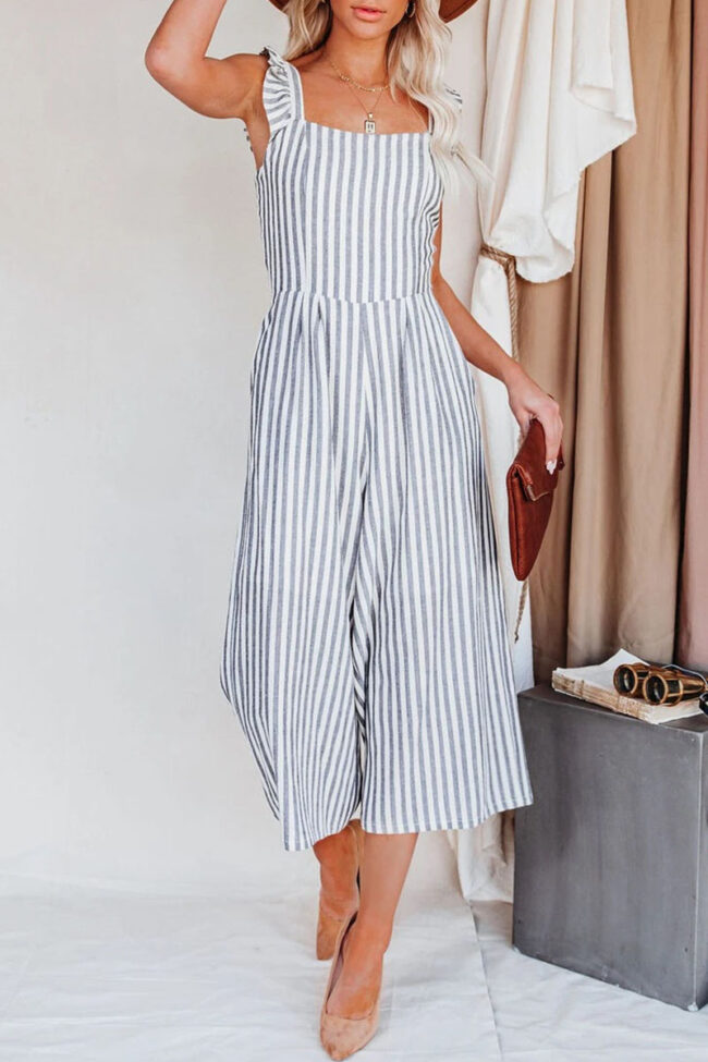 Fashion Casual Striped Split Joint Square Collar Loose Jumpsuits